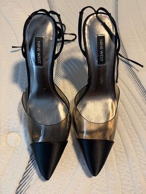 Nine West Black Pointed-Toe Lace-Up Pumps with Clear Panels